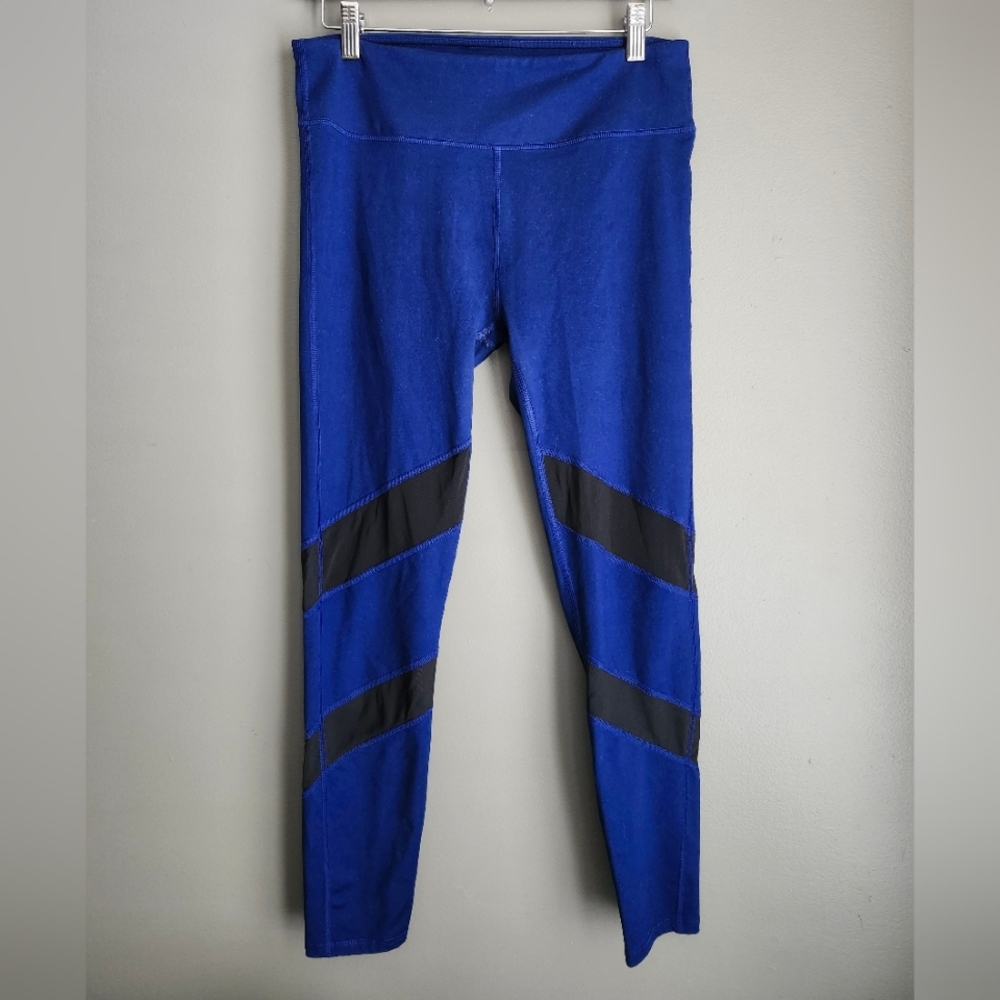 Fabletics Cobalt Blue Black Sheer Mesh Panel Compression Leggings Size M…